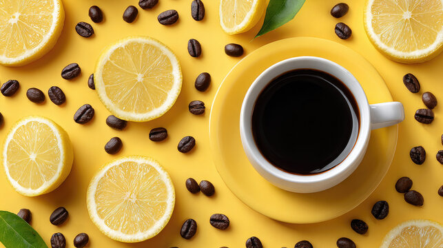 Coffee cup sits among roasted beans and vibrant lemon halves, creating an invigorating and unconventional blend of rich coffee and tangy citrus refreshment
