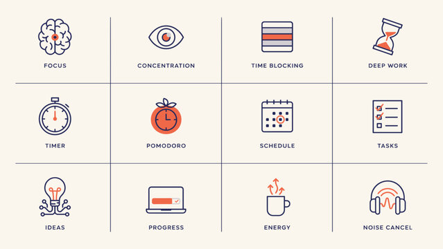 Focus management and attention concentration icons &ndash; Ideal for digital detox guides, time blocking software, or study routine infographics.