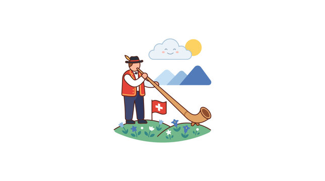 Man Playing Traditional Swiss Alphorn in Scenic Alpine Meadow