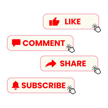 Red social media buttons with like, comment, share, and subscribe text labels and clicking hand cursor isolated on a transparent background