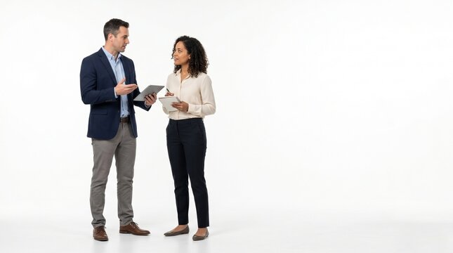 Two diverse business professionals, a man and a woman, standing and conversing while holding digital tablets in a bright, minimalist studio setting.