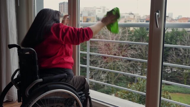 Woman in Wheelchair Cleaning Glass Door at Home During Daily Routine