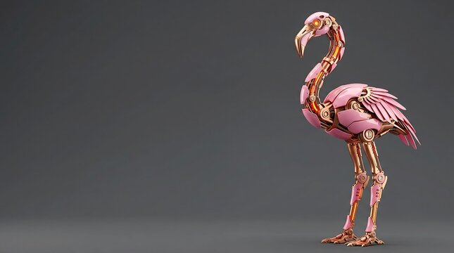 Mechanical flamingo robot on dark background, futuristic cybernetic bird with metallic gears and pink feathers.