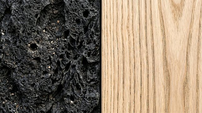 Two-textured background with rough black volcanic lava stone and smooth natural oak wood texture.