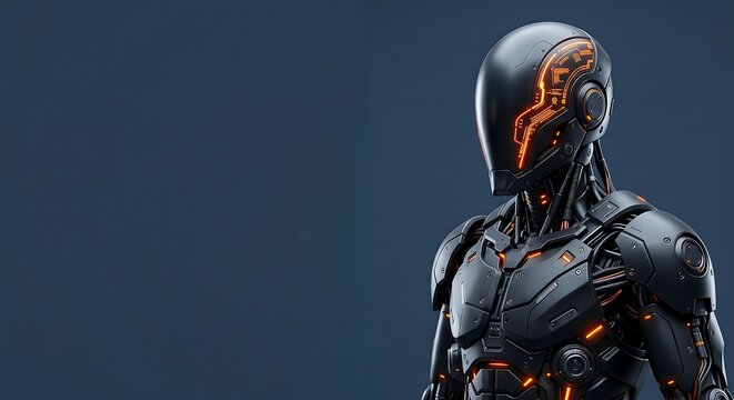 Futuristic sci-fi cyborg character in sleek black armor with glowing orange neon lights on dark background.