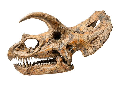 Fossilized skull of a ceratopsian dinosaur isolated on transparent background