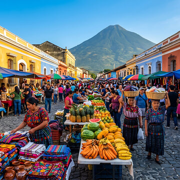 Colorful street market in antigua guatemala with indigenous mayan women selling textiles and fruits, with volcan de agua volcano in the background