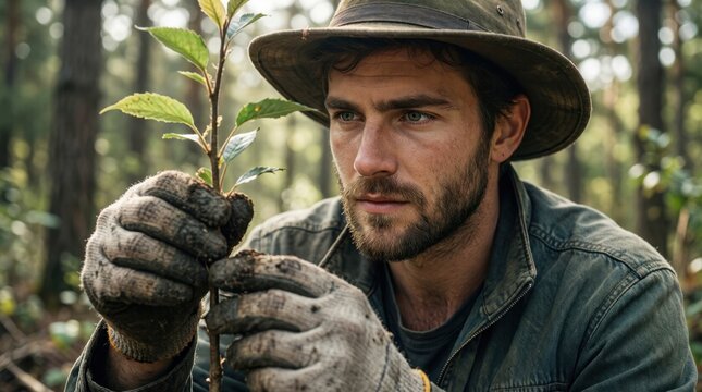 Young man planting sapling in forest wearing work gloves
