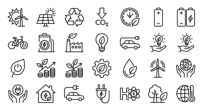 Collection of eco friendly and renewable energy outline icons including solar panels, recycling, electric vehicles, green energy on transparent background