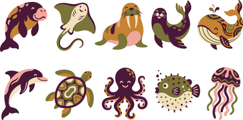 Cute Boho Sea Animal Vector Icon Collection Featuring Whale Octopus Turtle Dolphin and Walrus Elements for Marine Life Nursery and Graphic Designs © DarparajDab