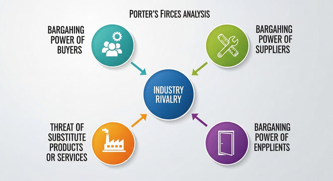 Porter's Five Forces Analysis diagram for strategic business management. Illustrates industry competition, market strategy, competitive advantage.