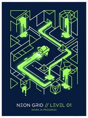 Naklejka premium Neon grid level showcases futuristic cityscape with neon-lit vehicles moving through maze-like streets and buildings.
