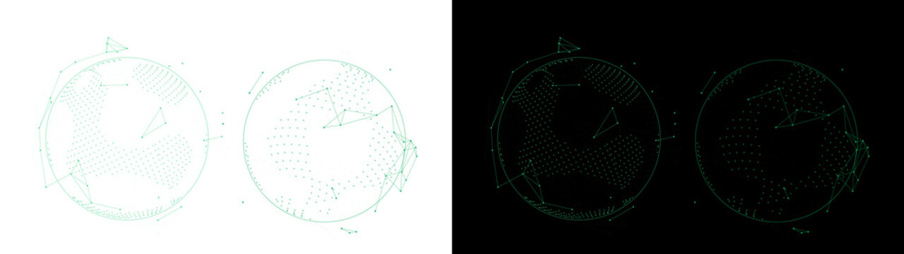 Abstract green digital globe constructed from connected dots and lines showing a futuristic network structure rendered on transparent background