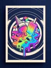 Obraz premium A colorful illustration of a melting ice cream cone and popsicle surrounded by rainbow ice cubes on a dark background with white concentric circles.