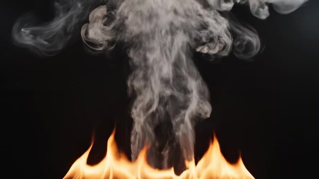 Smoke and flames rise dramatically in a sequence, showcasing the transformation from a fireball to a cloud of smoke against a dark background