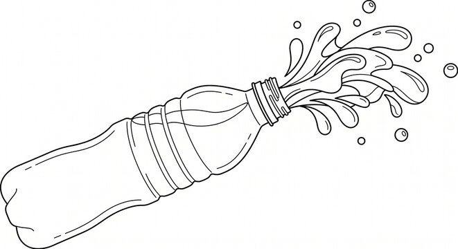 Black and white line art illustration of water splashing out of a plastic bottle. Dynamic beverage vector isolated on white.