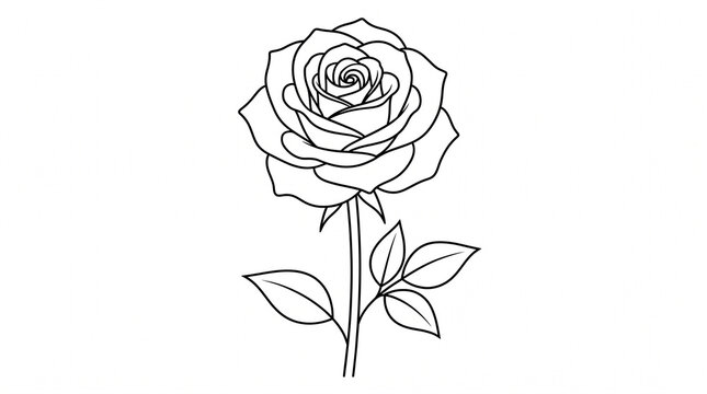 Black and white line art illustration of a blooming rose flower with leaves. Minimalist floral design on a white background.