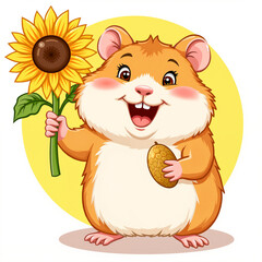Obraz premium Cute hamster holding sunflower and seed with a happy expression 