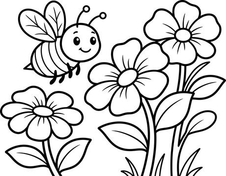Bee and flowers coloring page for kids educational insect and blossom line art illustration