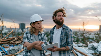 Fototapeta premium A man and woman discussing plans at a construction site during sunset.