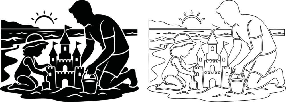 Father and child playing in a sandbox outdoors, silhouette and line art vector set