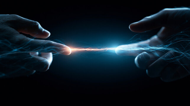 Two hands reaching out with electric energy between fingertips in a dark setting.