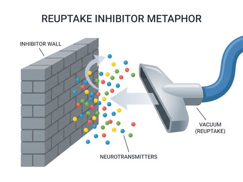 Neurotransmitter reuptake mechanism is depicted using a vacuum metaphor to illustrate how inhibitors function in the brain to regulate chemical signals between cells for improved patient mental.
