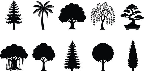 Various tree silhouettes collection featuring coniferous pine weeping willow and bonsai for home decor. © Emongrapic