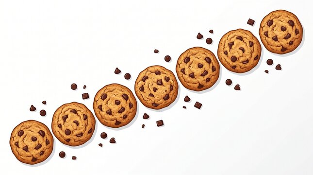 Diagonal row of golden cookies with scattered chips, minimalist food pattern emphasizing repetition, texture, and warmth.