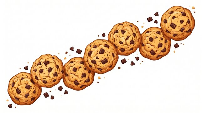 Diagonal row of golden cookies with scattered chips, minimalist food pattern emphasizing repetition, texture, and warmth.