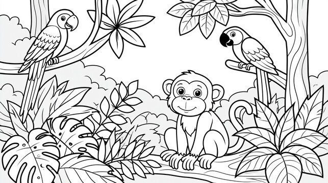 Coloring page featuring a cheerful monkey with two parrots in a lush jungle scene.