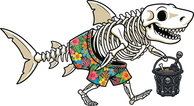 Shark skeleton wears floral swimming trunks while carrying a sand bucket.