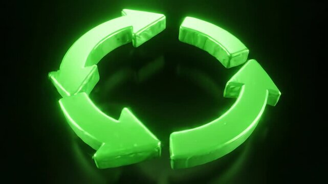 Abstract three dimensional animation of glowing green arrows forming a continuous circular loop representing the concept of the circular economy
