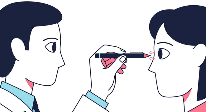 Ophthalmologist Examines Patient's Eyes with Penlight - Medical Illustration