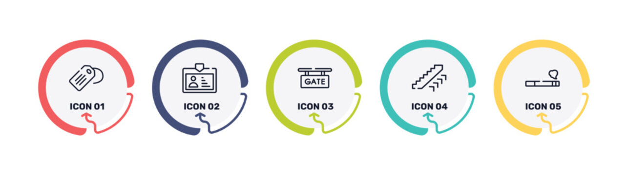 airport and travel outline icon set featuring luggage tag, pass card, gate, ors up icons.