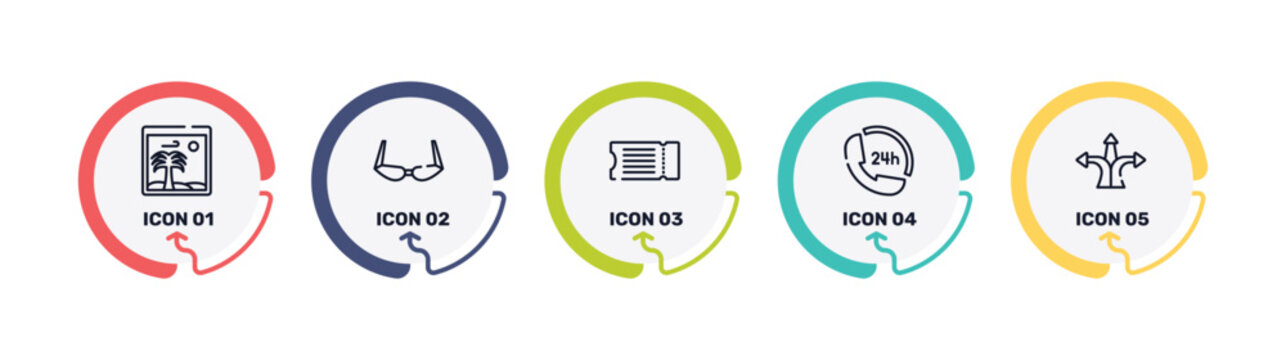 travel and tourism outline icon set featuring vacation images, old fashion glasses, fly ticket, 24 hours phone attention service icons.