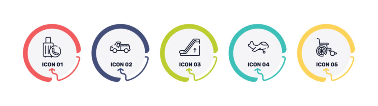 airport outline icon set featuring final call, pickup car, or up, small plane icons.