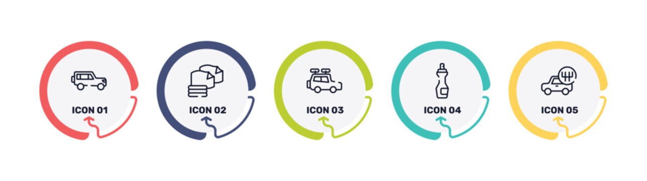 car service outline icon set featuring 4x4, microfiber, travel baggage, insect repellent icons.