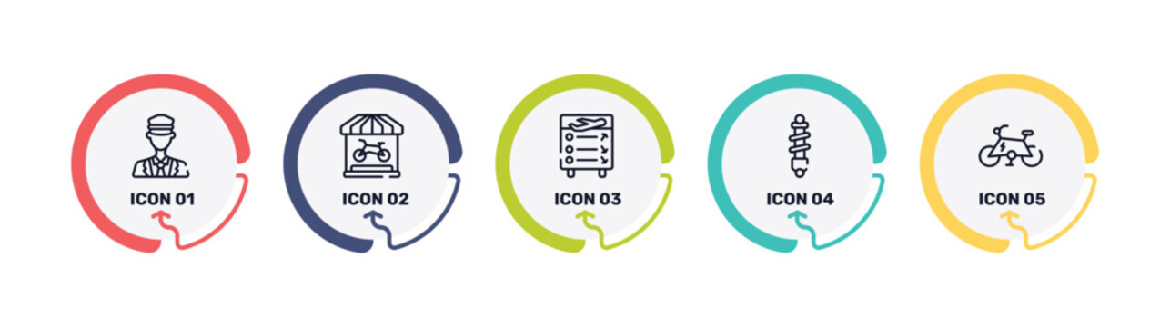 vehicles transport outline icon set featuring ticket collector, bike shop, flight information, shock absorber icons.