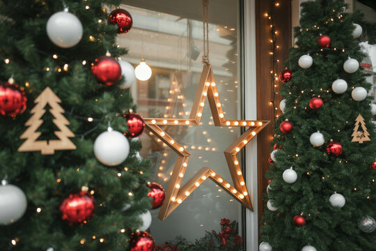 Christmas window display with lighted star and decorated trees, christmas