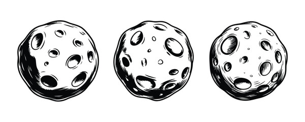 Hand-drawn asteroid icon set with craters, black vector collection featuring space rocks, meteors, celestial objects, astronomy elements, and cosmic illustration symbols on transparent background © Khoteza