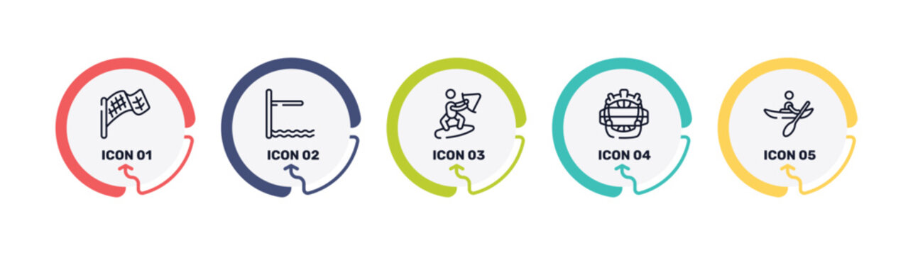 x treme outline icon set featuring checkered flag, diving board, wakeboarding, catcher mask icons.