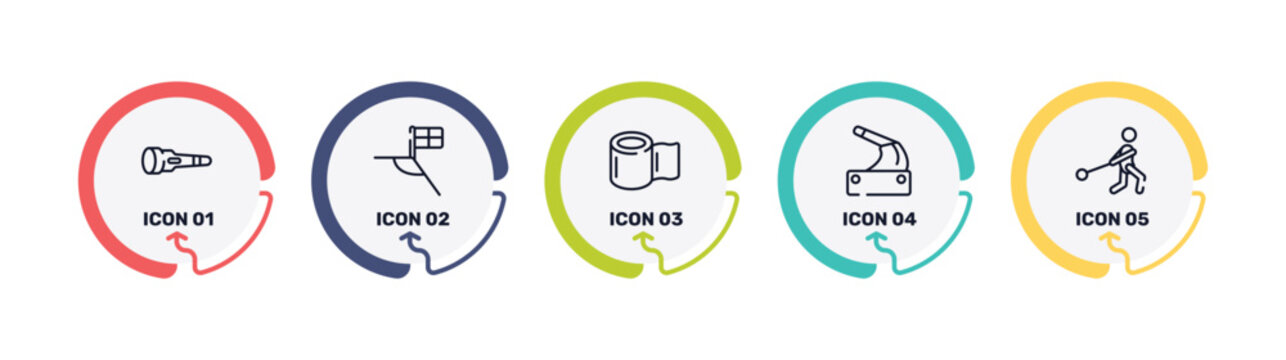 sport equipment outline icon set featuring dive light, football flag, null, handbrake icons.