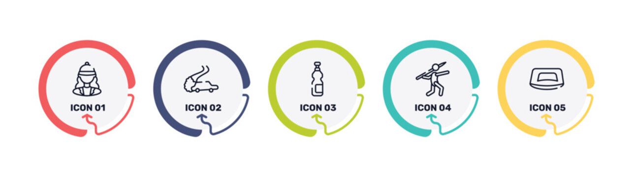 gym equipment outline icon set featuring horsewoman, drifting, isotonic, javelin icons.