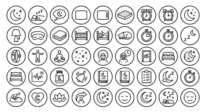 Monochrome Sleep and Bedtime Outline Icon Collection with Dream Wellness and Night Symbols