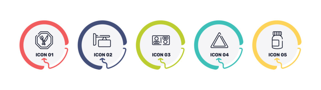 poi public places outline icon set featuring restaurant, store board, restroom, any bleach icons.