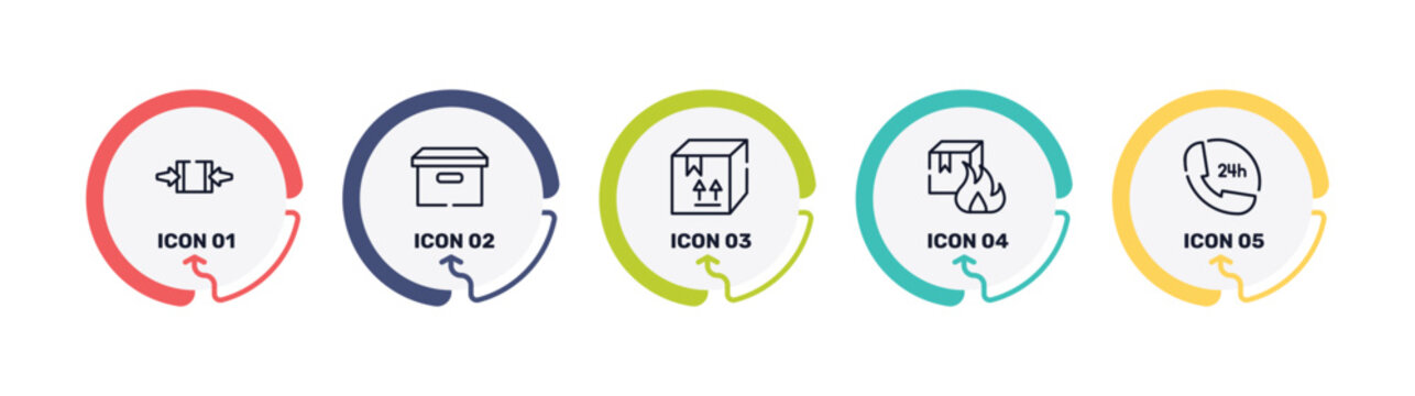 logistics delivery outline icon set featuring clamp as indicated, cardboard box with lid, cardboard box with fragile items, flammable box icons.