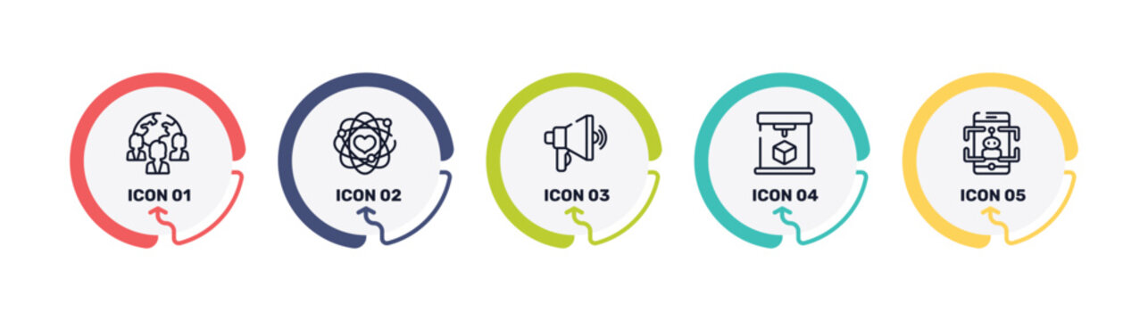 general outline icon set featuring team, core values, advertising agency, 3d printing icons.