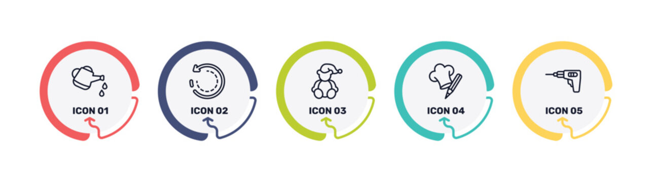 general outline icon set featuring watering can with water drops, clockwise, teddy bear with sleep hat, chef hat with a pencil icons.