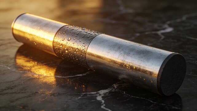 Cold Steel Cylinder Dark Marble Condensation Middle Section Dry Ends Temperature Boundary Droplets Golden Light Industrial Minimal Cinematic Detail